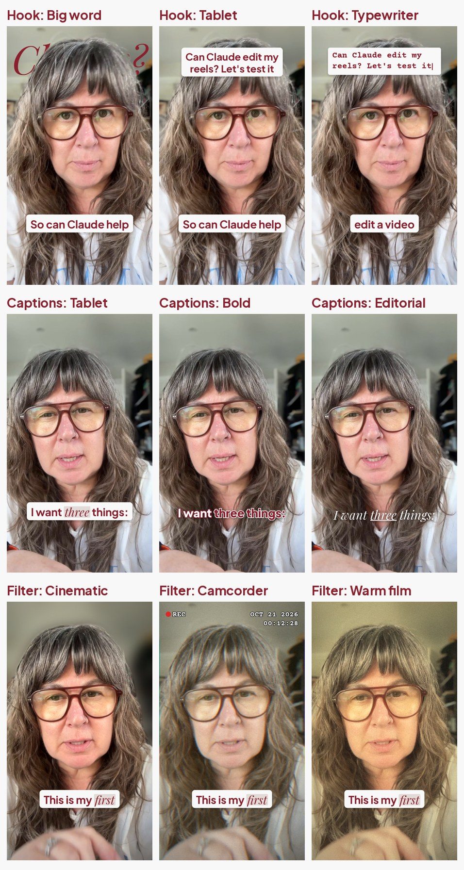 The same talking-head clip shown nine ways: three hook styles, three caption styles and three filters