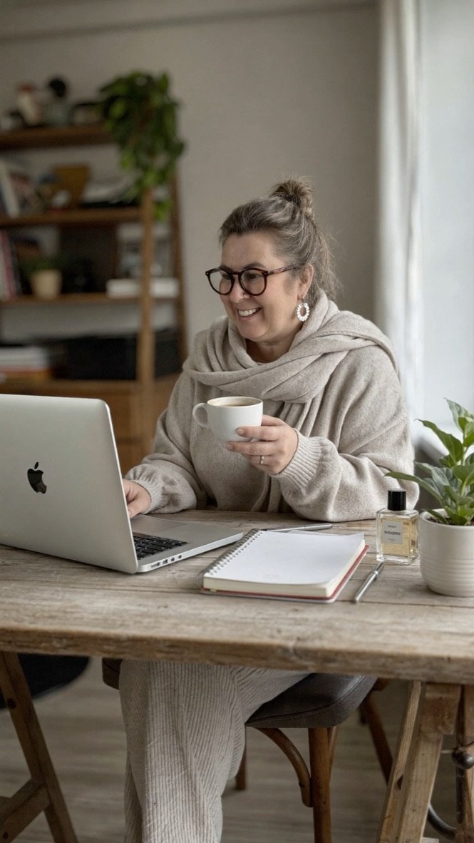 Kelly working at her laptop with a cup of tea in natural light